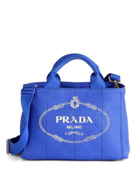 prada milano tote in canvas with blue trim|prada tote bag.